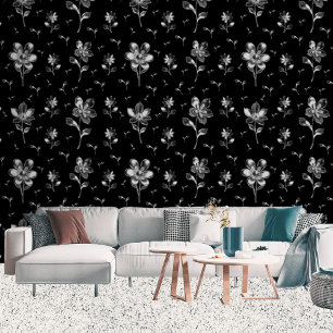 Papel Pintado Flores Metálicas Modernas Florales Negras Y Platea