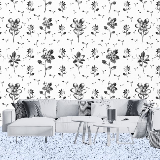 Papel Pintado Flores Modernas Negra Y Blanca (Living Room)