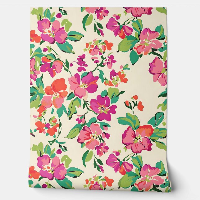 Papel Pintado Flores moradas/rosas hojas verdes (Desenrollar)