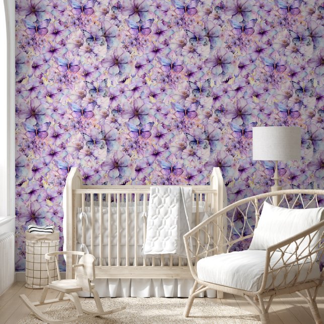 Papel Pintado Flores moradas y lavanda y mariposas (Niños)