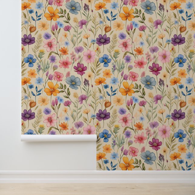 Papel Pintado Flores naturales acuarelas en crema (Solicitud)