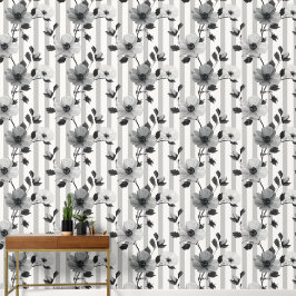 Papel Pintado Flores Negra Y Blanca En El Patrón De Líneas Verti