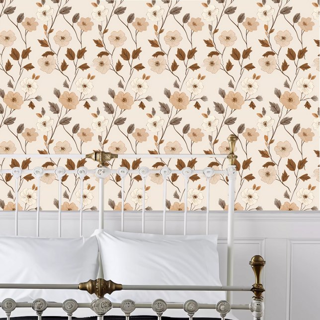 Papel Pintado Flores neutrales de núcleo de algodón (Cottage Core Neutral Flowers Wallpaper behind a white metal bed frame. )