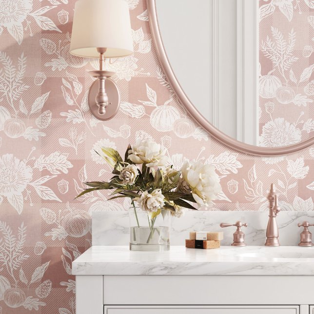 Papel Pintado Flores otoñales y calabazas rosadas (Fall Foliage Autumn Flowers & Pumpkins Pink Plaid Wallpaper)