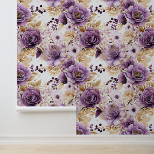 Papel Pintado Flores Púrpura Y Hojas De Oro Perla Y Palo