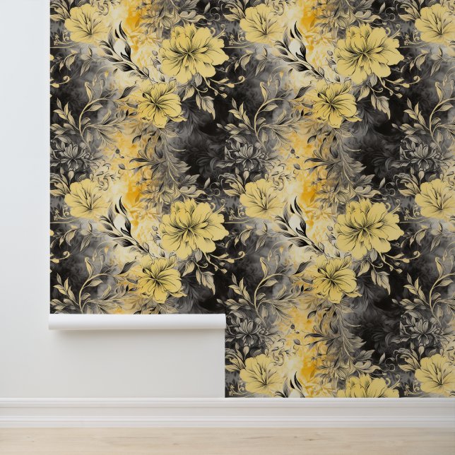 Papel Pintado Flores radiantes: amarillo y negro (Solicitud)