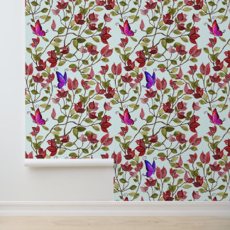 Papel Pintado Flores Rojas De Bougainvillea Con Mariposas