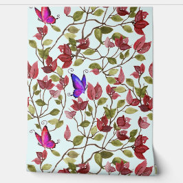 Papel Pintado Flores Rojas De Bougainvillea Con Mariposas