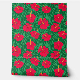 Papel Pintado Flores rojas hibiscus sobre hojas tropicales verde