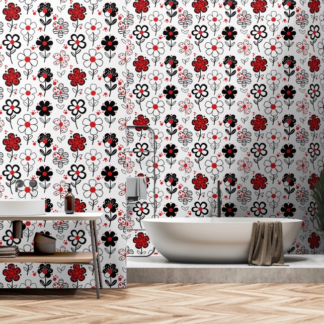 Papel Pintado Flores rojas negras de moda (Baño)