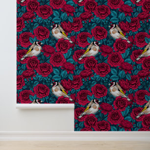 Papel Pintado Flores rojas y pájaros dorados