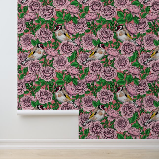 Papel Pintado Flores rosa y pájaros dorados (Solicitud)