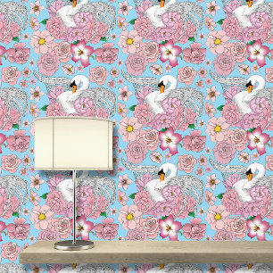 Papel Pintado Flores rosadas de cisne blanco