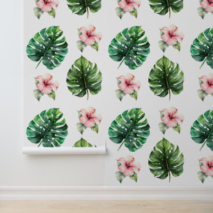 Papel Pintado Flores rosadas de hibiscus en hojas tropicales
