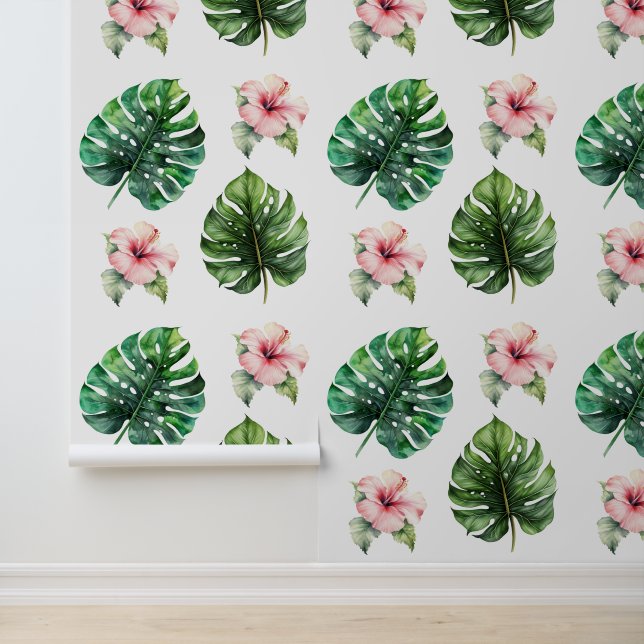 Papel Pintado Flores rosadas de hibiscus en hojas tropicales (Solicitud)