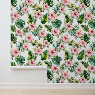 Papel Pintado Flores rosadas de Hibiscus, hojas verdes tropicale