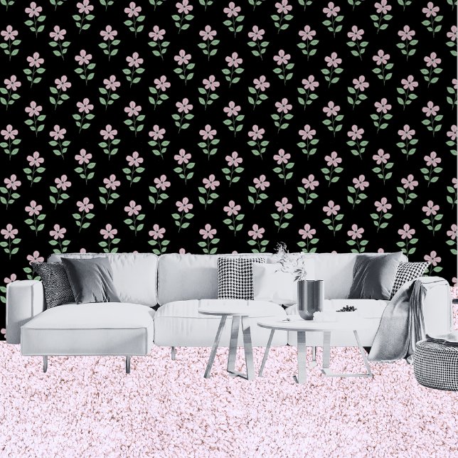 Papel Pintado Flores rosadas tradicionales Patrón floral negro (Living Room)
