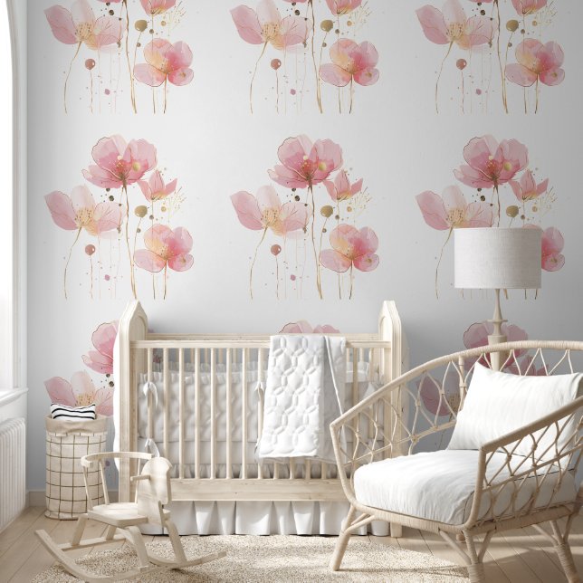 Papel Pintado Flores rosadas y doradas rústicas simples y elegan (Niños)