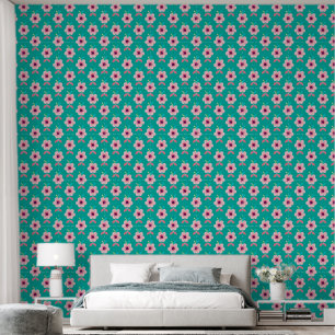 Papel Pintado Flores rosadas y hojas sobre fondo azul turquesa