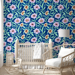 Papel Pintado Flores rosadas y melocotón sobre azul