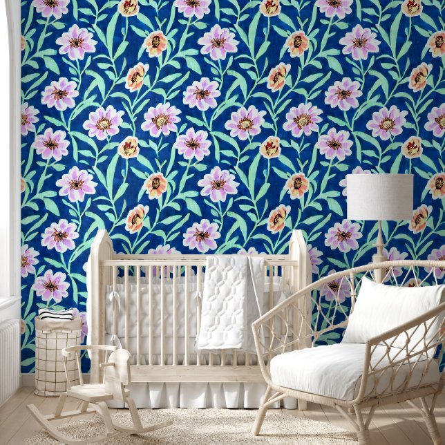 Papel Pintado Flores rosadas y melocotón sobre azul (Niños)