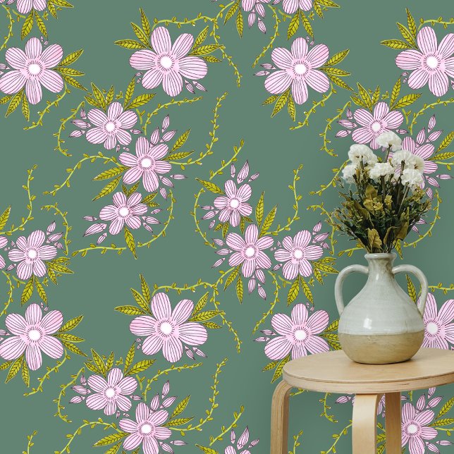 Papel Pintado Flores rosas con hojas y tallos verdes claros (Subido por el creador)