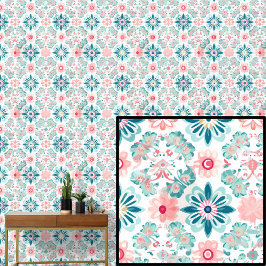Papel Pintado Flores rosas de Boho Green Aqua Resumen Floral