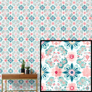 Papel Pintado Flores rosas de Boho Green Aqua Resumen Floral