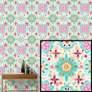 Papel Pintado Flores rosas de Boho Green Aqua Resumen Floral