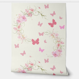 Papel Pintado Flores rosas, mariposas, fondo rosa pálido