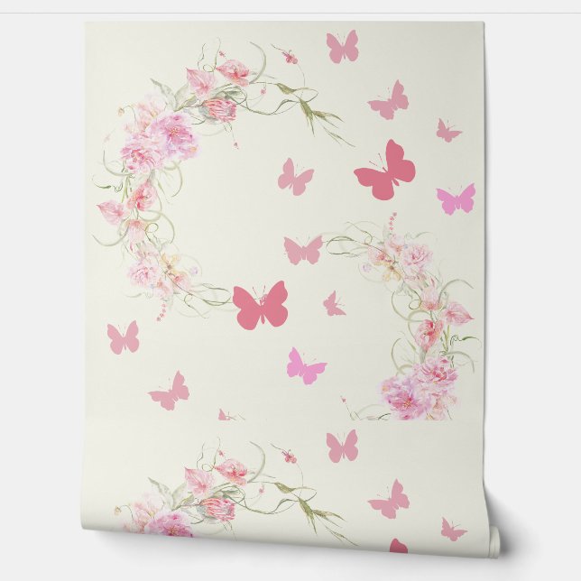 Papel Pintado Flores rosas, mariposas, fondo rosa pálido (Desenrollar)