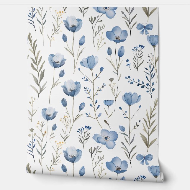 Papel Pintado Flores salvajes azules y botánicas (Desenrollar)