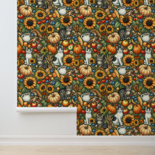 Papel Pintado Flores salvajes, gatos y jardineras de café