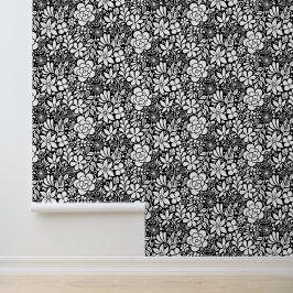 Papel Pintado Flores salvajes y hojas blancas negrita