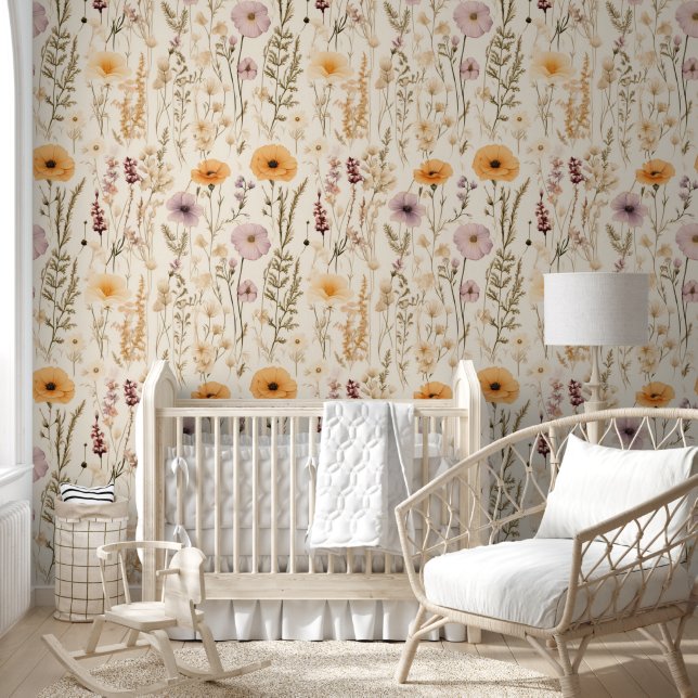 Papel Pintado Flores silvestres acuarela floral beige botánico (Niños)