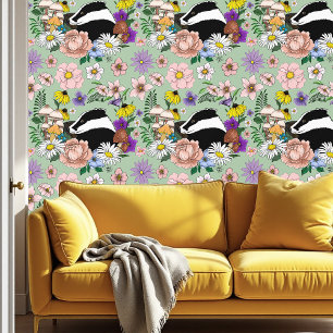 Papel Pintado Flores Silvestres de Tejón de Bosque Hongos Verde 