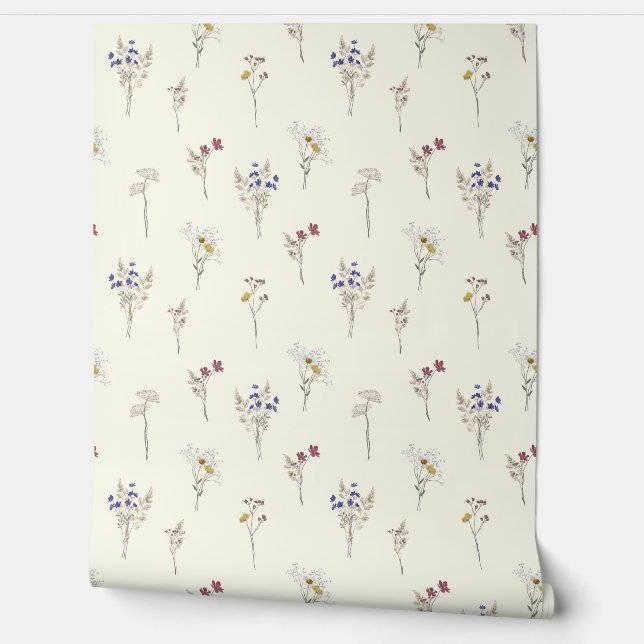 Papel Pintado Flores silvestres delicadas en blanco marfil (Desenrollar)