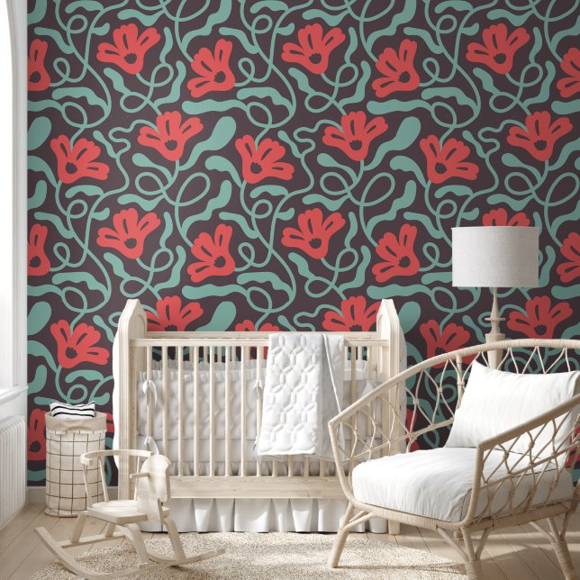 Papel Pintado Flores silvestres grandes rojas Floral Botánica (Niños)