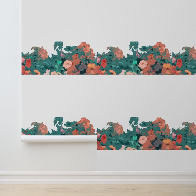 Papel Pintado Flores silvestres Naranja floral verde hojas verde (Solicitud)