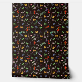 Papel Pintado Flores silvestres románticas y mariposas negras