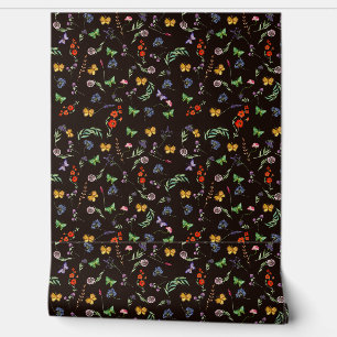 Papel Pintado Flores silvestres románticas y mariposas negras