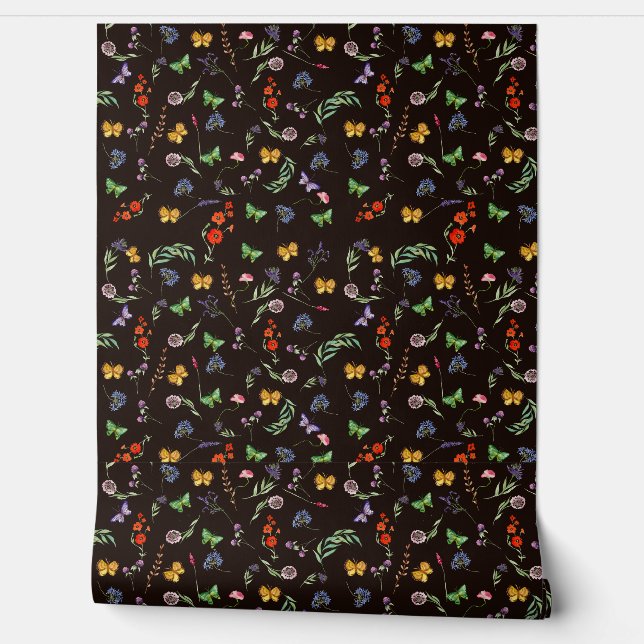 Papel Pintado Flores silvestres románticas y mariposas negras (Desenrollar)