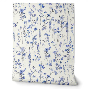 Papel Pintado Flores silvestres y hierbas acuarela azul marino