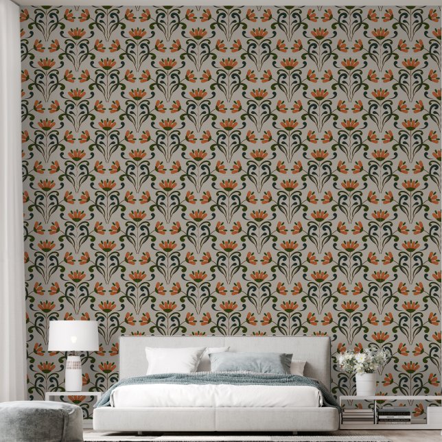 Papel Pintado Flores simétricas de Art Nouveau naranja (Dormitorio)