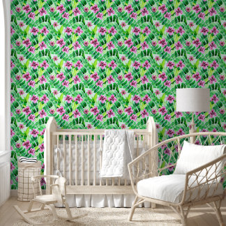 Papel Pintado Flores tropicales de la jungla de hojas de follaje