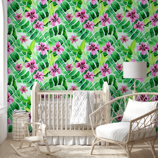 Papel Pintado Flores tropicales de la jungla de hojas de follaje (Niños)