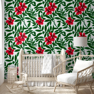 Papel Pintado Flores tropicales hawaianas moda costera verde roj