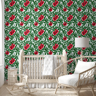 Papel Pintado Flores tropicales hawaianas moda costera verde roj