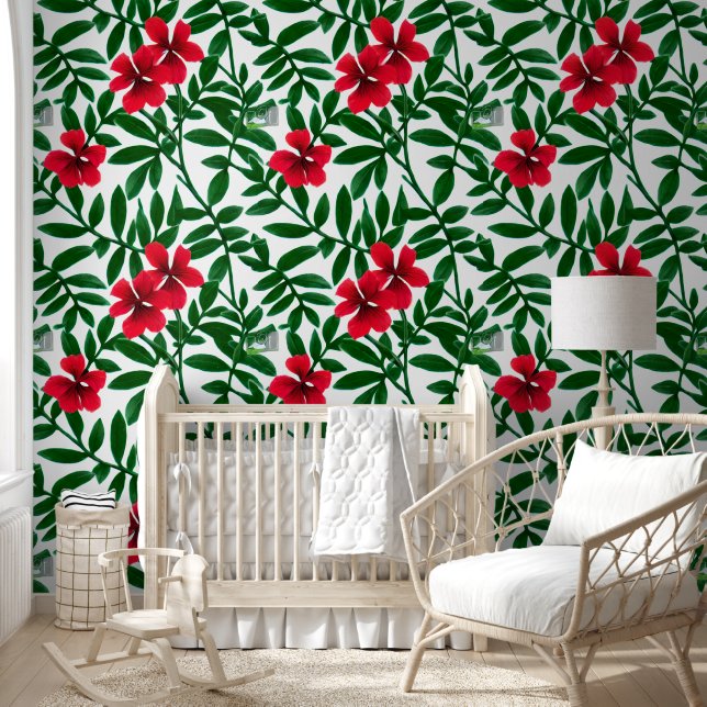 Papel Pintado Flores tropicales hawaianas moda costera verde roj (Niños)