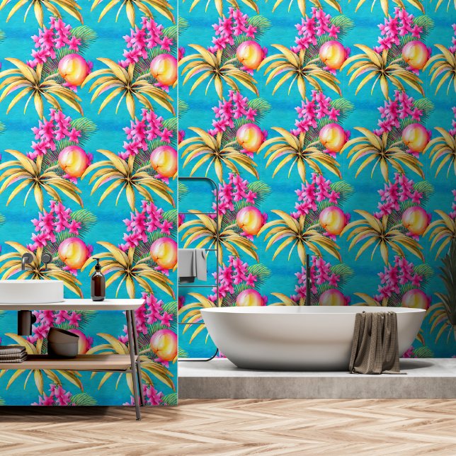 Papel Pintado Flores tropicales isleña azul patrón costero (Baño)